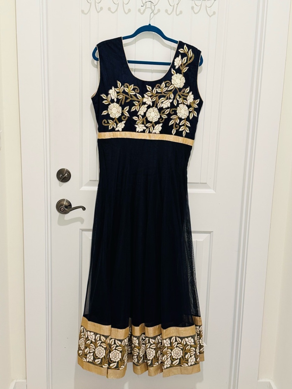 Like New XL Elegant Navy Blue Midi Dress with Gold Floral Embroidery